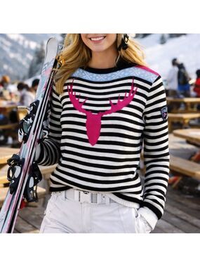 Dale of Norway Brown Stripe Pink Reindeer Merino Wool Apres Ski Sweater medium